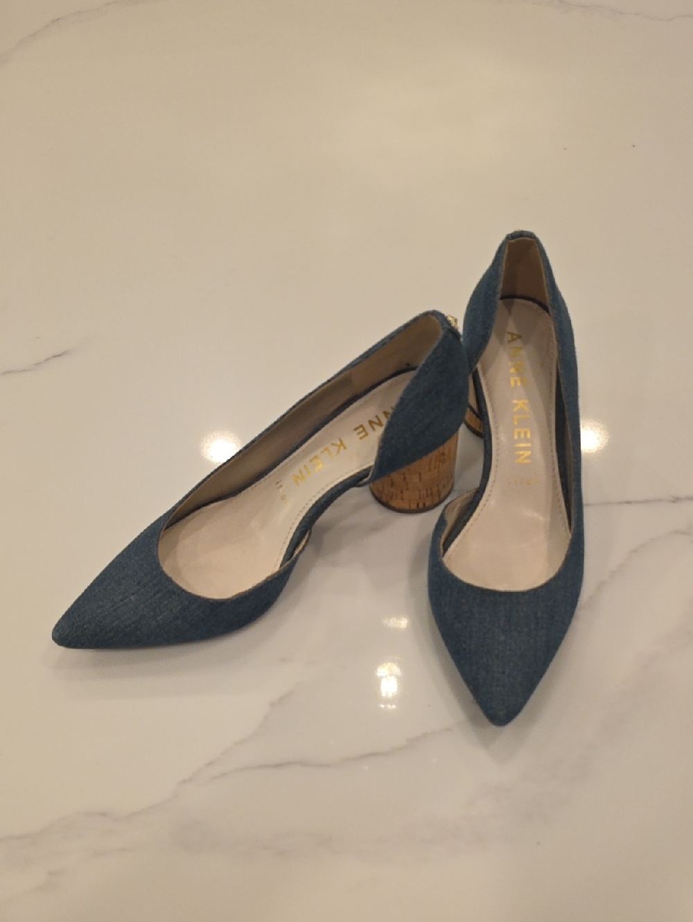 Anne Klein Denim Blue Pointed-Toe Cork Block Heel Pumps
